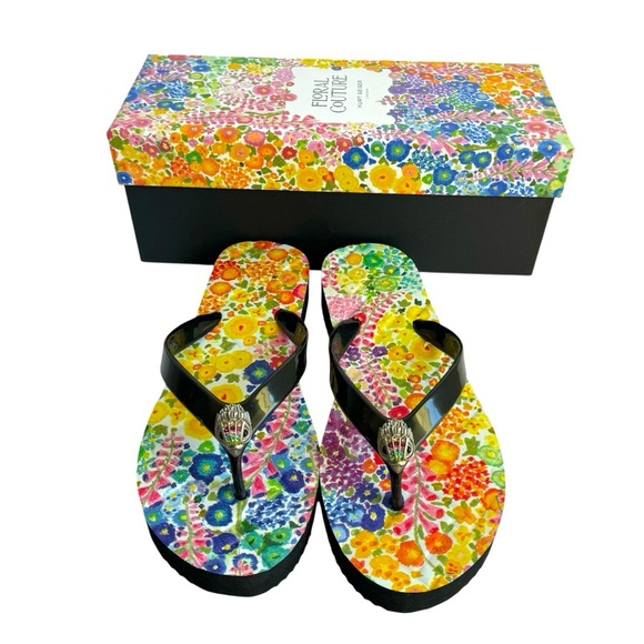 Kurt Geiger Black Flip Flops NEW Floral Couture Platform NWT Womens size 38.5 8 - Picture 1 of 12